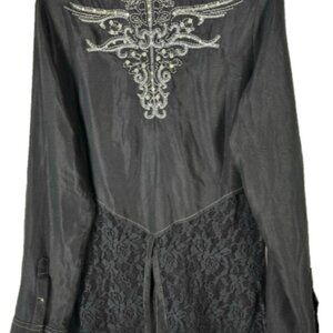 NEW Women's Buckle Black Long Sleeve Blouse Y2K Gem Stone Snaps Crystals Western